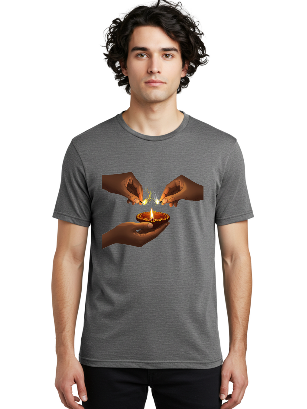 Diya-Lighting Men'S Graphic Tee, 100% Cotton, Comfortable Casual Summer Wear, Machine Washable, Lighting Diya, Traditional Indian Lamp, Unity In Diversity, Cultural Heritage, Festive Atmosphere, Togetherness, Harmony, Diwali Celebration Bad027