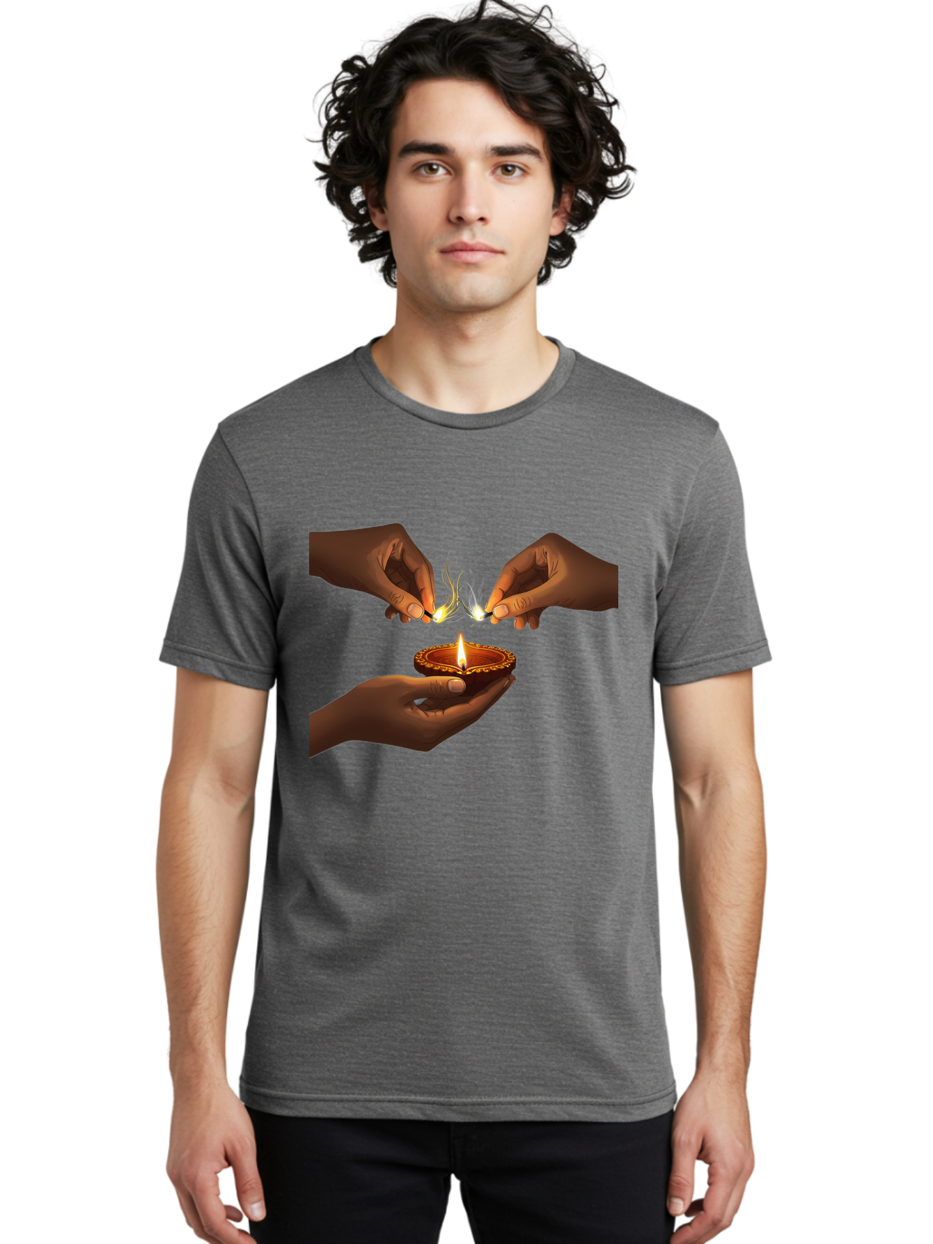 Diya-Lighting Men'S Graphic Tee, 100% Cotton, Comfortable Casual Summer Wear, Machine Washable, Lighting Diya, Traditional Indian Lamp, Unity In Diversity, Cultural Heritage, Festive Atmosphere, Togetherness, Harmony, Diwali Celebration Bad027