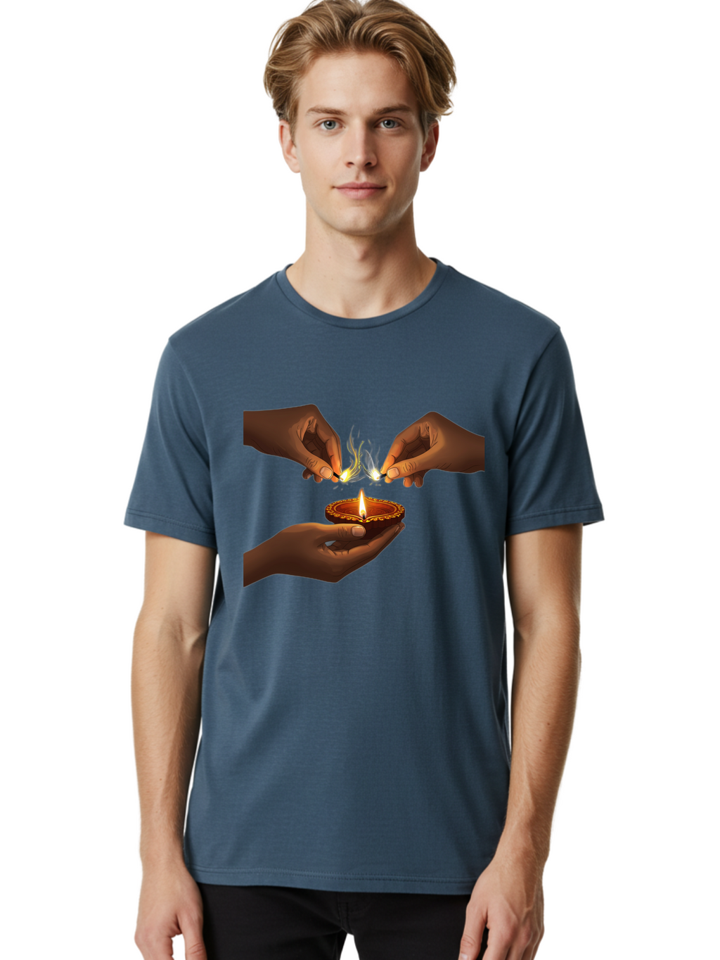Diya-Lighting Men'S Graphic Tee, 100% Cotton, Comfortable Casual Summer Wear, Machine Washable, Lighting Diya, Traditional Indian Lamp, Unity In Diversity, Cultural Heritage, Festive Atmosphere, Togetherness, Harmony, Diwali Celebration Bad027
