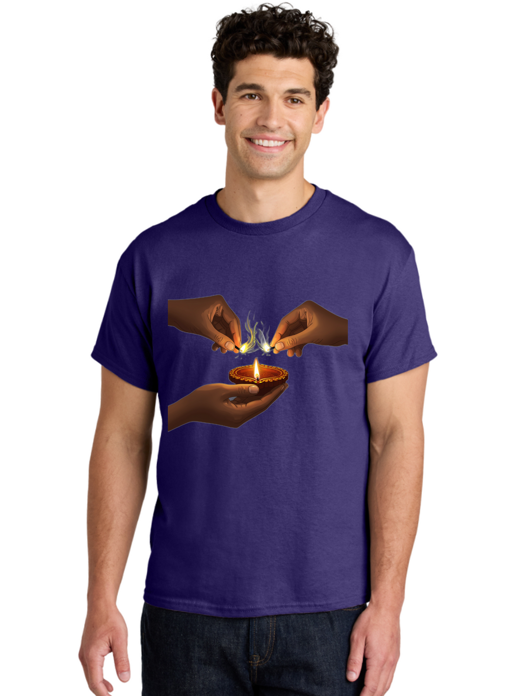 Diya-Lighting Men'S Graphic Tee, 100% Cotton, Comfortable Casual Summer Wear, Machine Washable, Lighting Diya, Traditional Indian Lamp, Unity In Diversity, Cultural Heritage, Festive Atmosphere, Togetherness, Harmony, Diwali Celebration Bad027