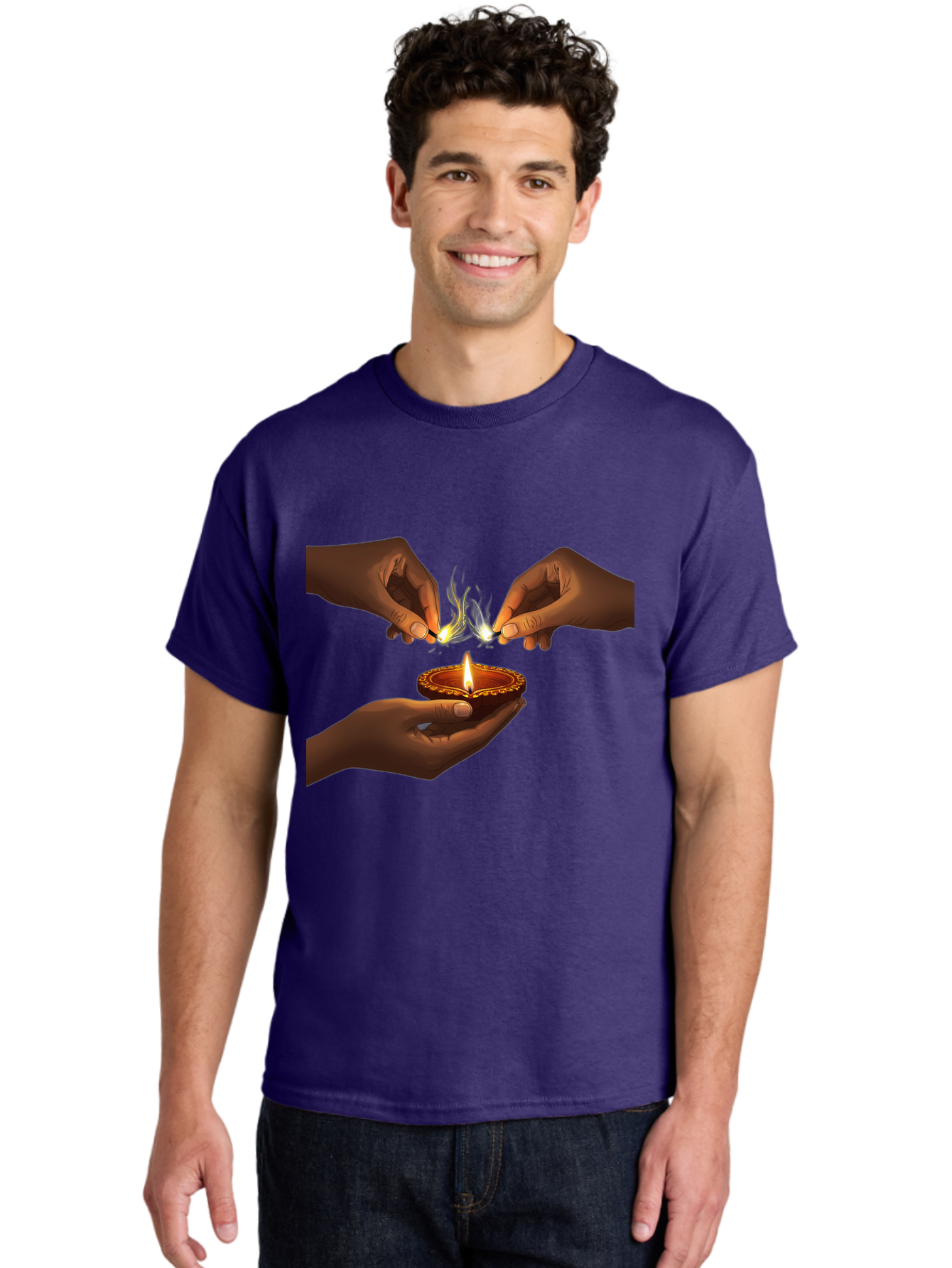 Diya-Lighting Men'S Graphic Tee, 100% Cotton, Comfortable Casual Summer Wear, Machine Washable, Lighting Diya, Traditional Indian Lamp, Unity In Diversity, Cultural Heritage, Festive Atmosphere, Togetherness, Harmony, Diwali Celebration Bad027