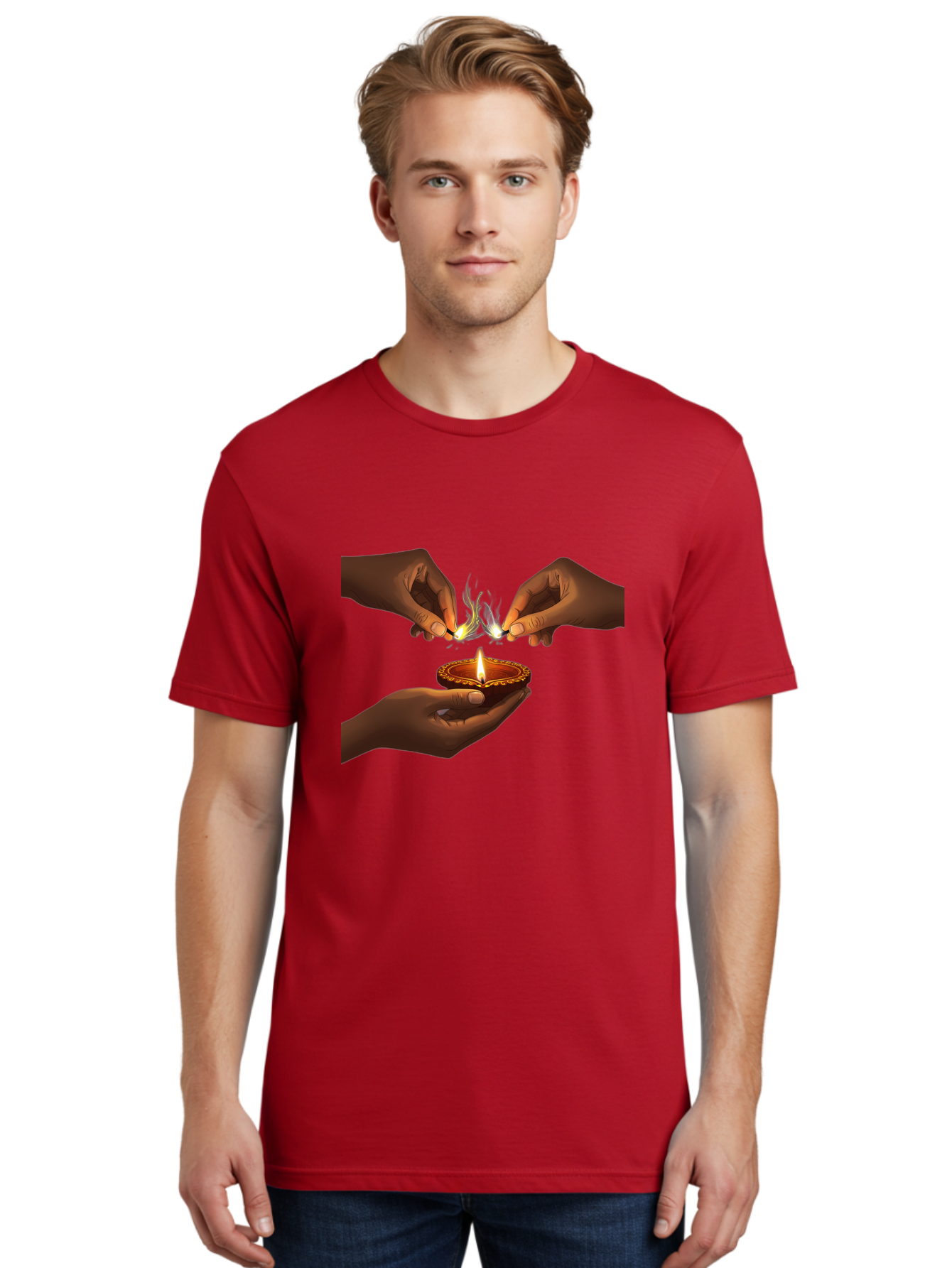 Diya-Lighting Men'S Graphic Tee, 100% Cotton, Comfortable Casual Summer Wear, Machine Washable, Lighting Diya, Traditional Indian Lamp, Unity In Diversity, Cultural Heritage, Festive Atmosphere, Togetherness, Harmony, Diwali Celebration Bad027