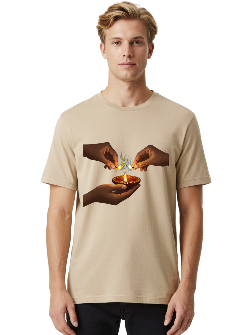 Diya-Lighting Men'S Graphic Tee, 100% Cotton, Comfortable Casual Summer Wear, Machine Washable, Lighting Diya, Traditional Indian Lamp, Unity In Diversity, Cultural Heritage, Festive Atmosphere, Togetherness, Harmony, Diwali Celebration Bad027