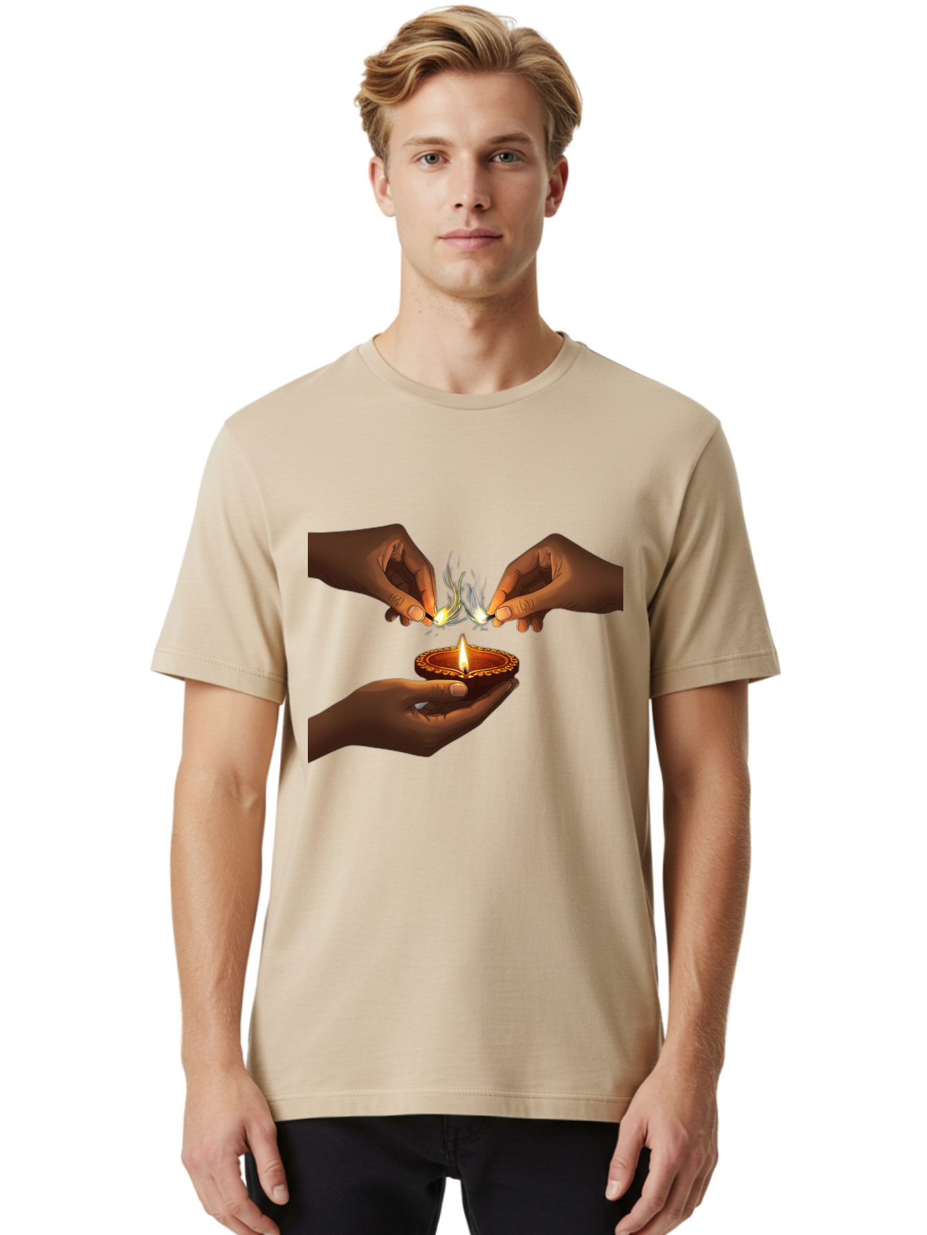 Diya-Lighting Men'S Graphic Tee, 100% Cotton, Comfortable Casual Summer Wear, Machine Washable, Lighting Diya, Traditional Indian Lamp, Unity In Diversity, Cultural Heritage, Festive Atmosphere, Togetherness, Harmony, Diwali Celebration Bad027