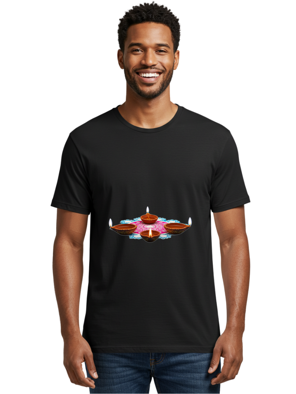 Diya-Set Men'S Graphic Tee, 100% Cotton, Comfortable Casual Summer Wear, Machine Washable, Traditional Indian Diyas, Lit Candles, Intricate Mandala Design, Cultural Heritage, Vibrant Colors, Festive Atmosphere, Spiritual Ambiance, Bad028