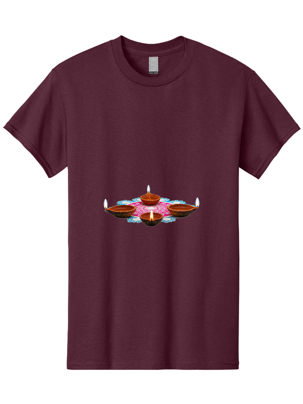 Diya-Set Men'S Graphic Tee, 100% Cotton, Comfortable Casual Summer Wear, Machine Washable, Traditional Indian Diyas, Lit Candles, Intricate Mandala Design, Cultural Heritage, Vibrant Colors, Festive Atmosphere, Spiritual Ambiance, Bad028