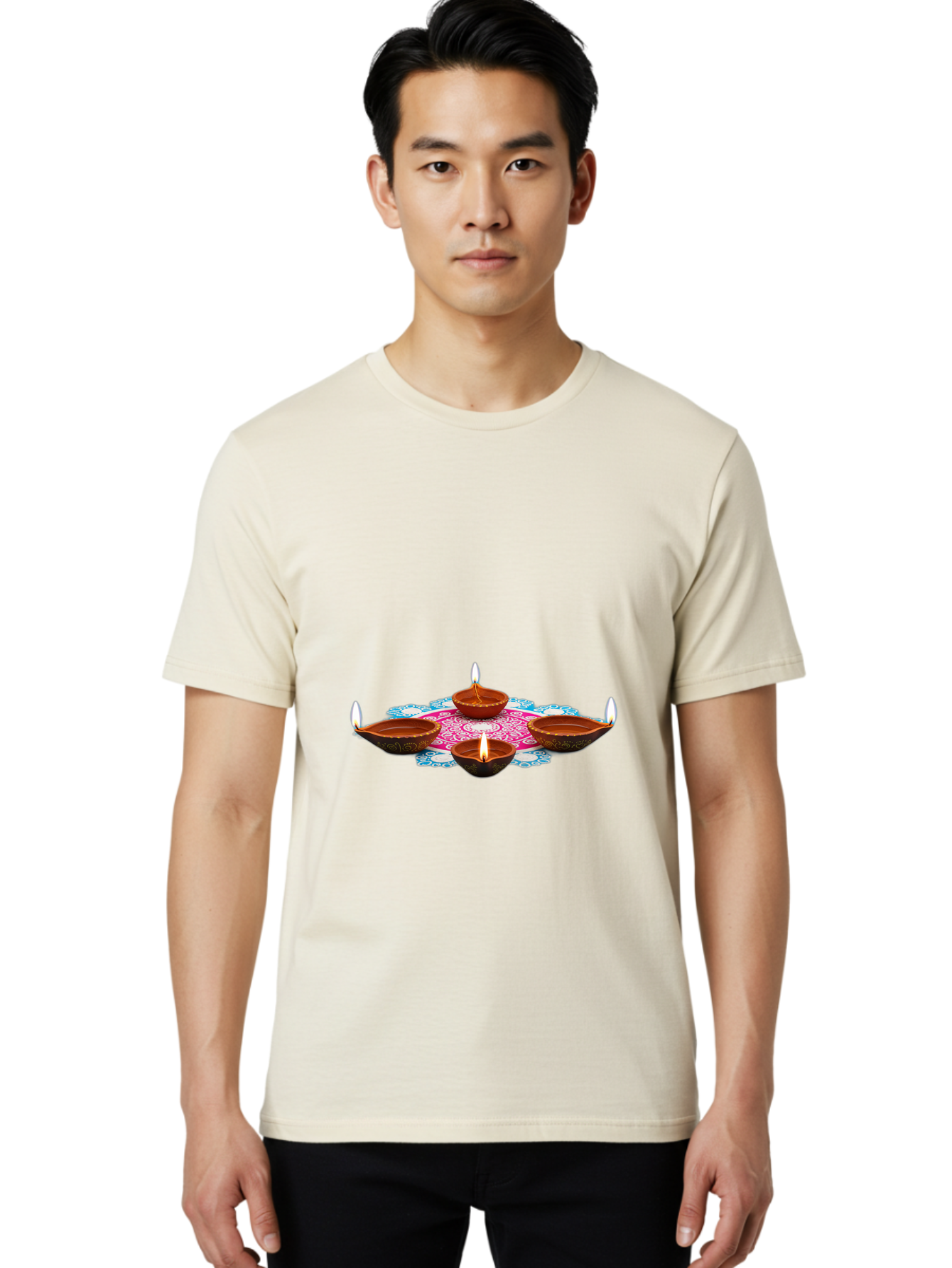 Diya-Set Men'S Graphic Tee, 100% Cotton, Comfortable Casual Summer Wear, Machine Washable, Traditional Indian Diyas, Lit Candles, Intricate Mandala Design, Cultural Heritage, Vibrant Colors, Festive Atmosphere, Spiritual Ambiance, Bad028