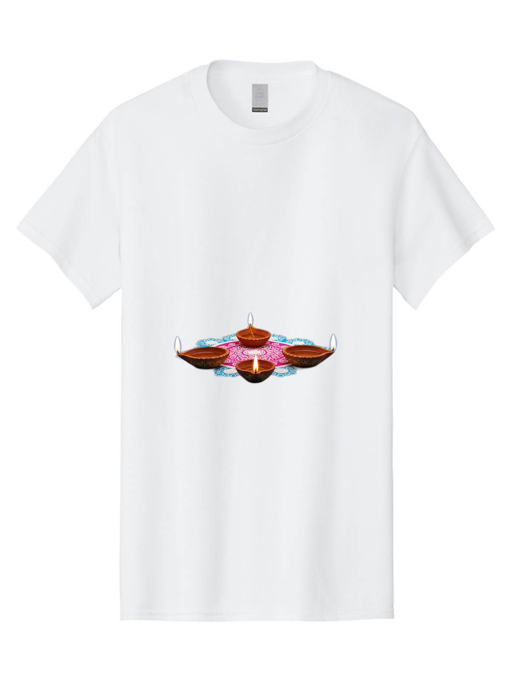 Diya-Set Men'S Graphic Tee, 100% Cotton, Comfortable Casual Summer Wear, Machine Washable, Traditional Indian Diyas, Lit Candles, Intricate Mandala Design, Cultural Heritage, Vibrant Colors, Festive Atmosphere, Spiritual Ambiance, Bad028