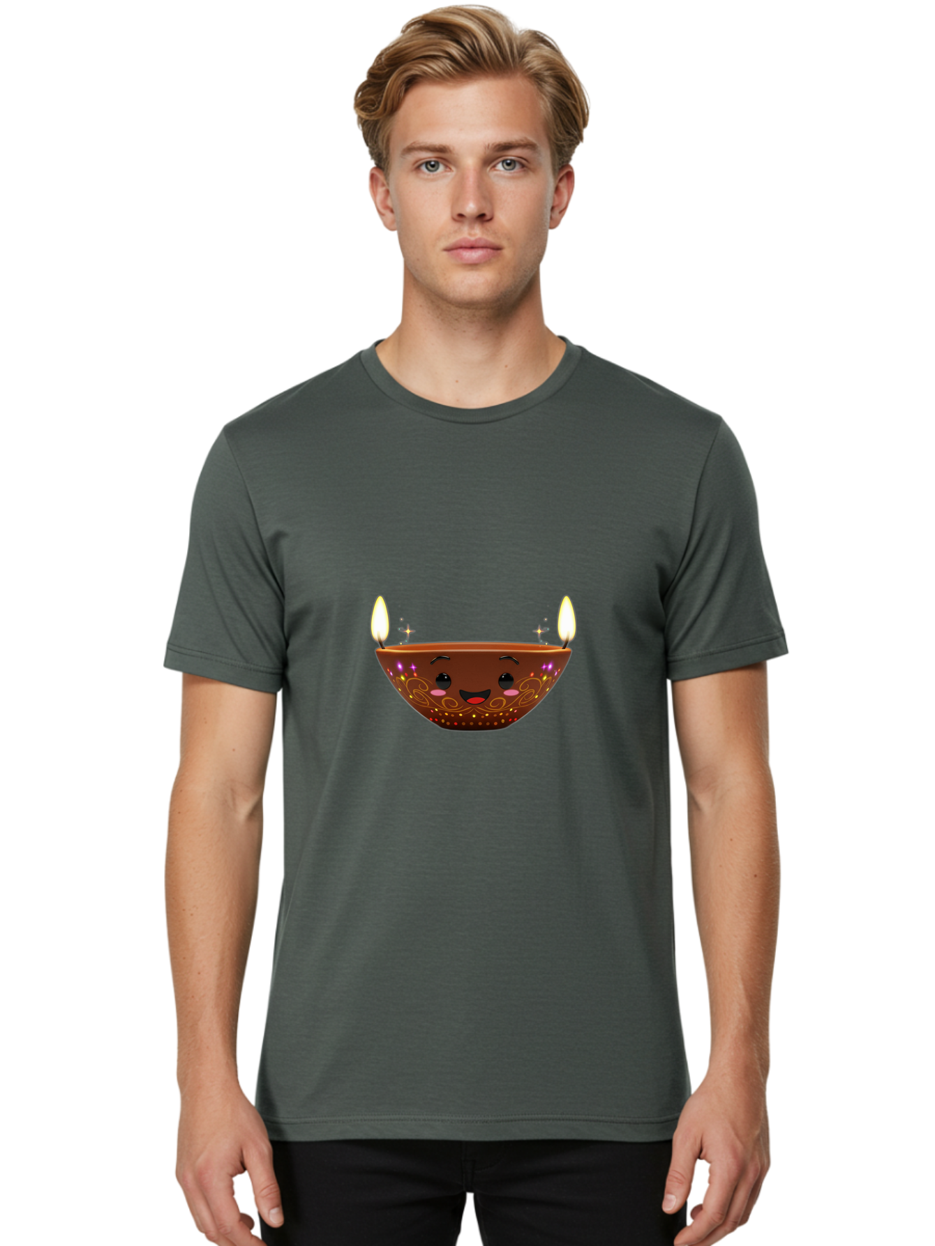 Diya Men'S Graphic Tee, 100% Cotton, Comfortable Casual Summer Wear, Machine Washable, Clay Diya Lamp, Festive Decorations, Happy Face, Sparkling Lights, Candlelight, Diwali Celebration, Indian Culture, Traditional Decor Bad029