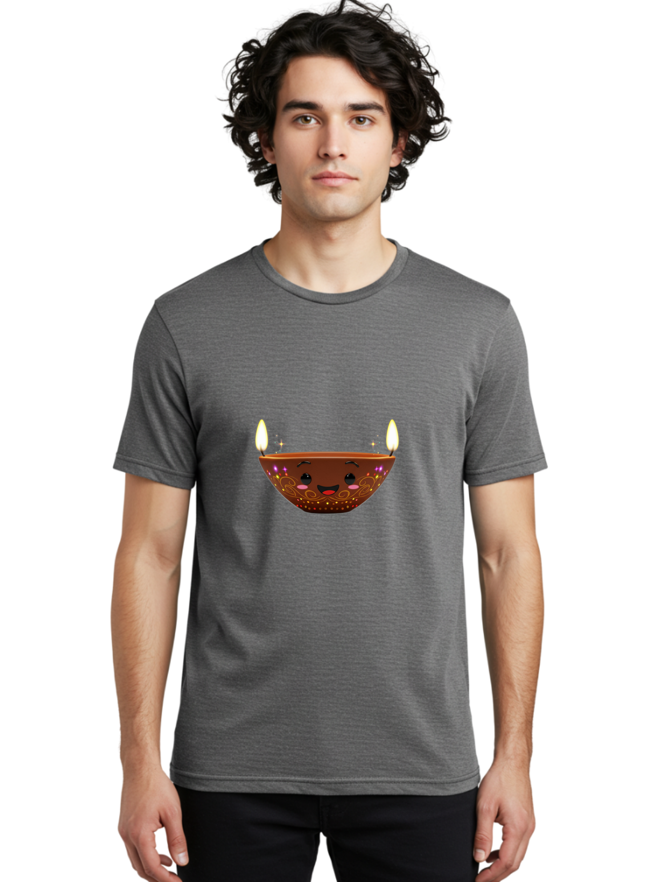 Diya Men'S Graphic Tee, 100% Cotton, Comfortable Casual Summer Wear, Machine Washable, Clay Diya Lamp, Festive Decorations, Happy Face, Sparkling Lights, Candlelight, Diwali Celebration, Indian Culture, Traditional Decor Bad029