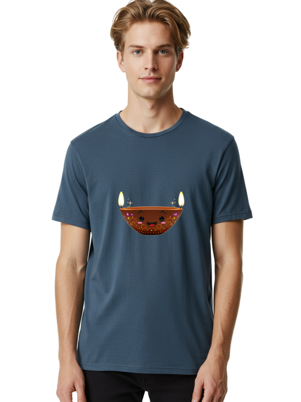 Diya Men'S Graphic Tee, 100% Cotton, Comfortable Casual Summer Wear, Machine Washable, Clay Diya Lamp, Festive Decorations, Happy Face, Sparkling Lights, Candlelight, Diwali Celebration, Indian Culture, Traditional Decor Bad029