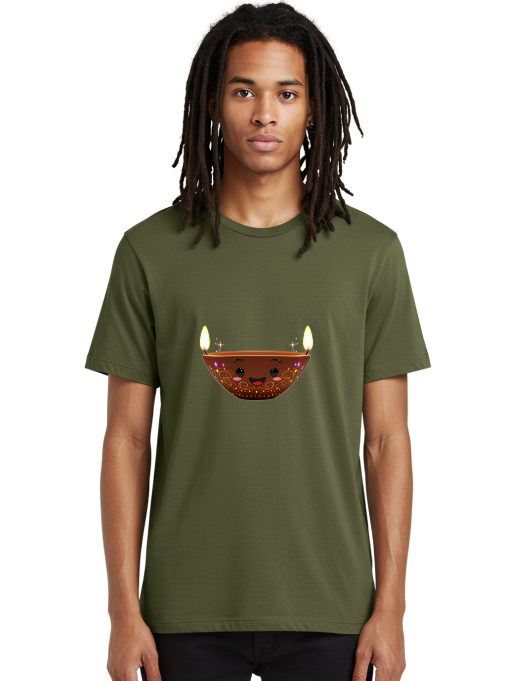 Diya Men'S Graphic Tee, 100% Cotton, Comfortable Casual Summer Wear, Machine Washable, Clay Diya Lamp, Festive Decorations, Happy Face, Sparkling Lights, Candlelight, Diwali Celebration, Indian Culture, Traditional Decor Bad029