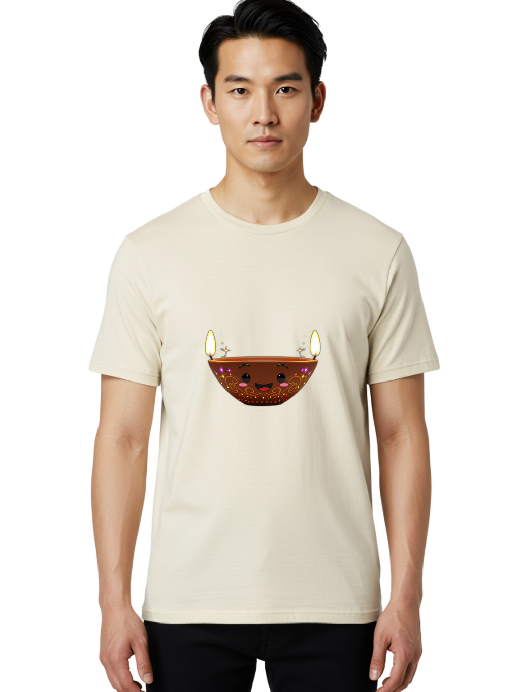 Diya Men'S Graphic Tee, 100% Cotton, Comfortable Casual Summer Wear, Machine Washable, Clay Diya Lamp, Festive Decorations, Happy Face, Sparkling Lights, Candlelight, Diwali Celebration, Indian Culture, Traditional Decor Bad029
