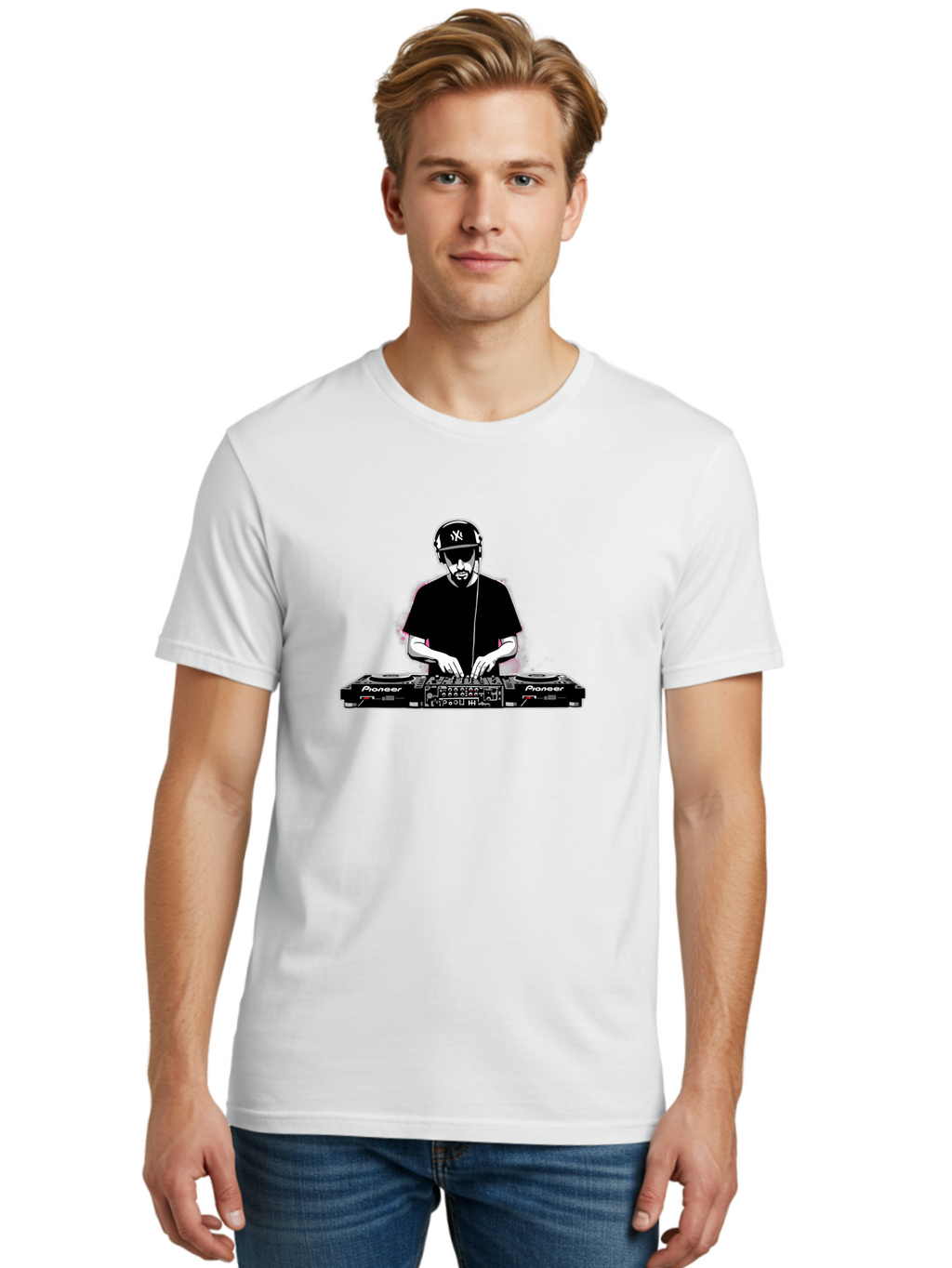 Dj-At-Work Men'S Graphic Tee, 100% Cotton, Comfortable Casual Summer Wear, Machine Washable, Dj Mixing Music, Pioneer Dj Controller, Electronic Dance Music, Dj Equipment, Music Production, Dj Performance, Club Dj, Dj Setup, Mixing Tracks Bad033