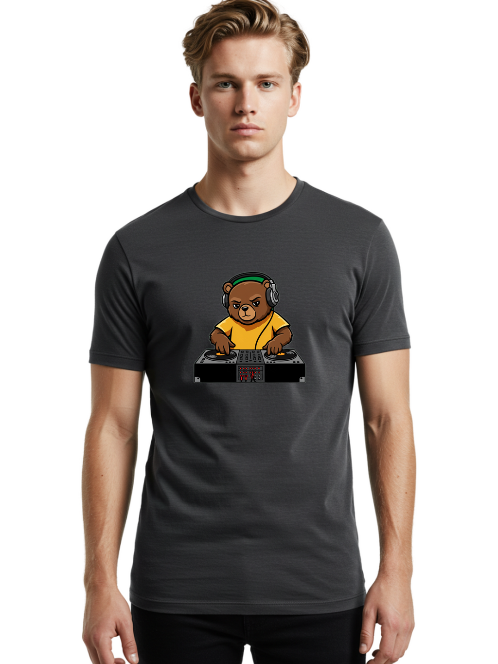 Dj-Bear Men'S Graphic Tee, 100% Cotton, Comfortable Casual Summer Wear, Machine Washable, Dj Bear Mixing Tracks, Cartoon Character, Yellow Shirt, Headphones On, Dj Controller, Music Production, Electronic Dance Music, Edm, Djing Bad034