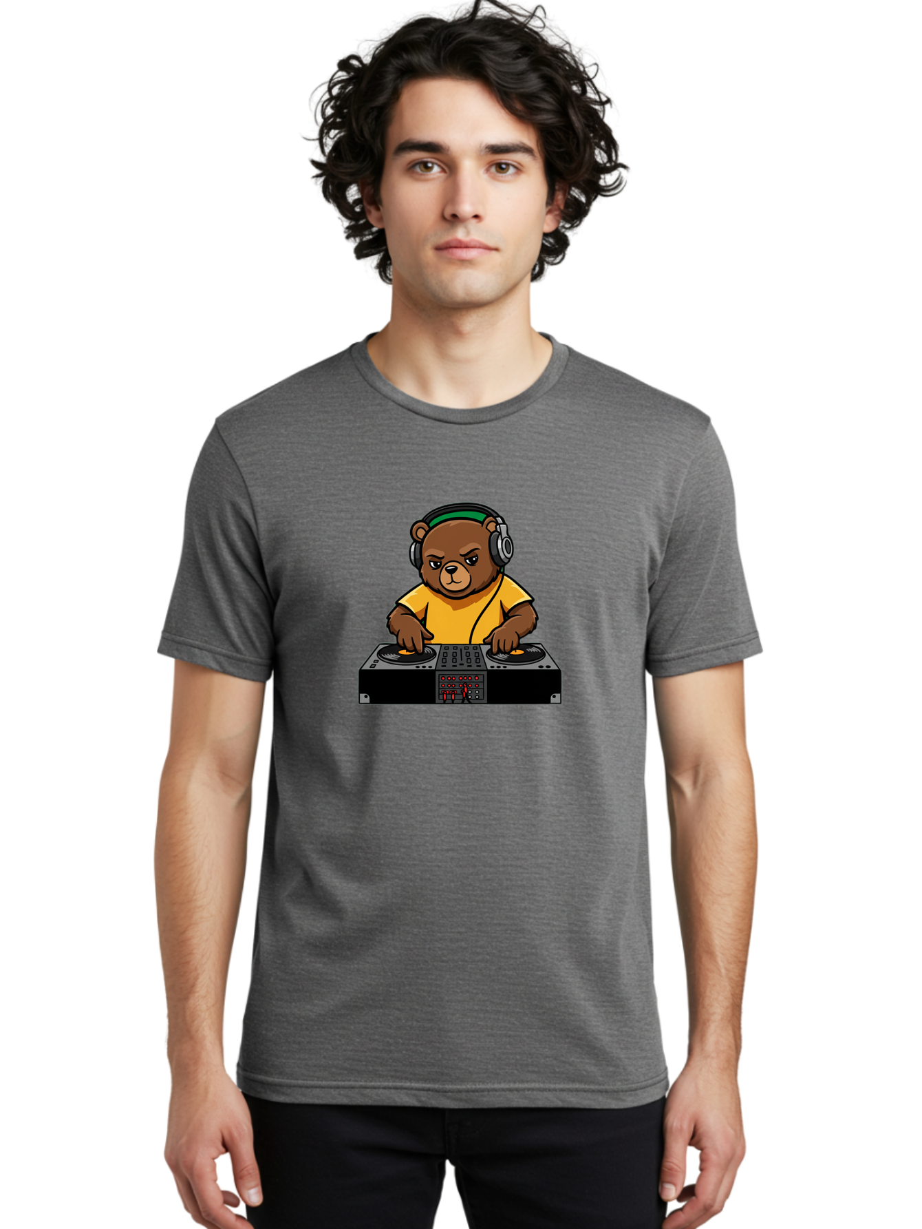 Dj-Bear Men'S Graphic Tee, 100% Cotton, Comfortable Casual Summer Wear, Machine Washable, Dj Bear Mixing Tracks, Cartoon Character, Yellow Shirt, Headphones On, Dj Controller, Music Production, Electronic Dance Music, Edm, Djing Bad034