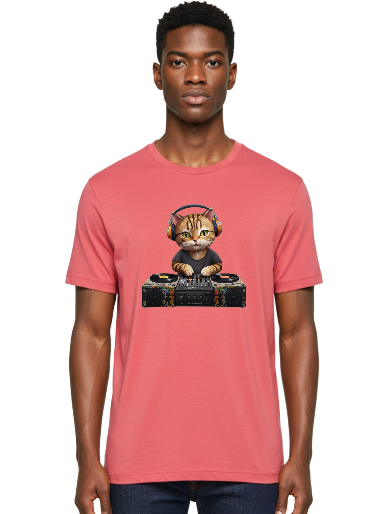 Dj-Cat-1 Men'S Graphic Tee, 100% Cotton, Comfortable Casual Summer Wear, Machine Washable, Cat Wearing Headphones, Dj Equipment, Turntables, Mixer, Music Production, Electronic Dance Music, Feline Dj, Vinyl Records, Music Mixing, Bad035