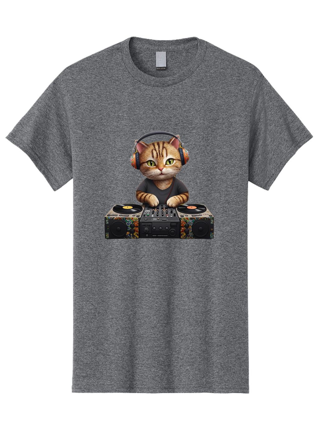 Dj-Cat-1 Men'S Graphic Tee, 100% Cotton, Comfortable Casual Summer Wear, Machine Washable, Cat Wearing Headphones, Dj Equipment, Turntables, Mixer, Music Production, Electronic Dance Music, Feline Dj, Vinyl Records, Music Mixing, Bad035