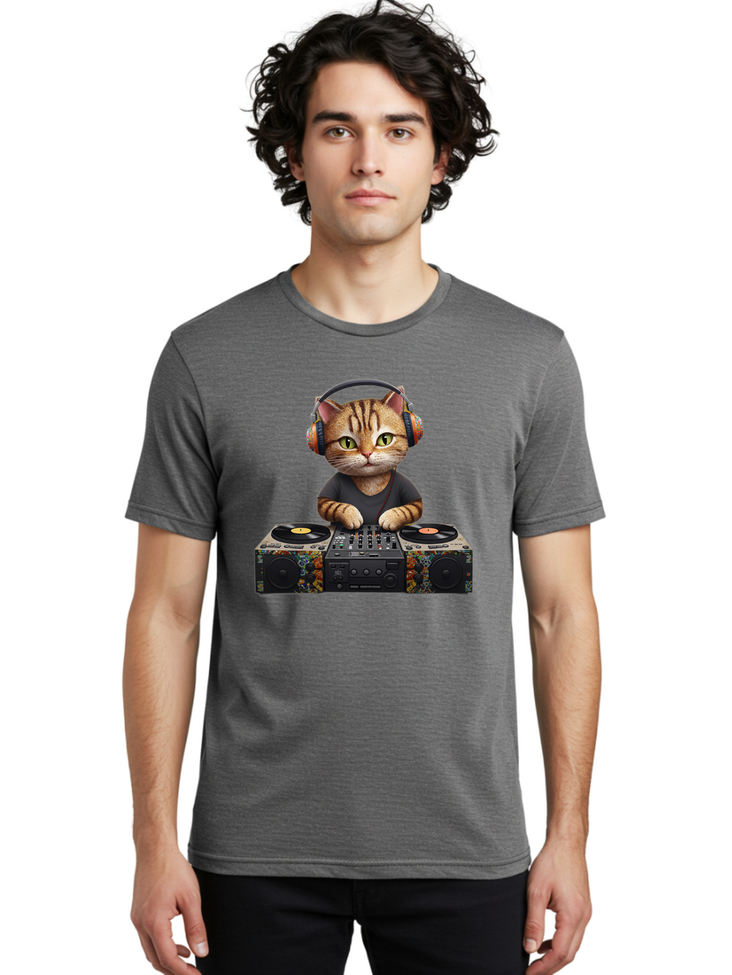 Dj-Cat-1 Men'S Graphic Tee, 100% Cotton, Comfortable Casual Summer Wear, Machine Washable, Cat Wearing Headphones, Dj Equipment, Turntables, Mixer, Music Production, Electronic Dance Music, Feline Dj, Vinyl Records, Music Mixing, Bad035