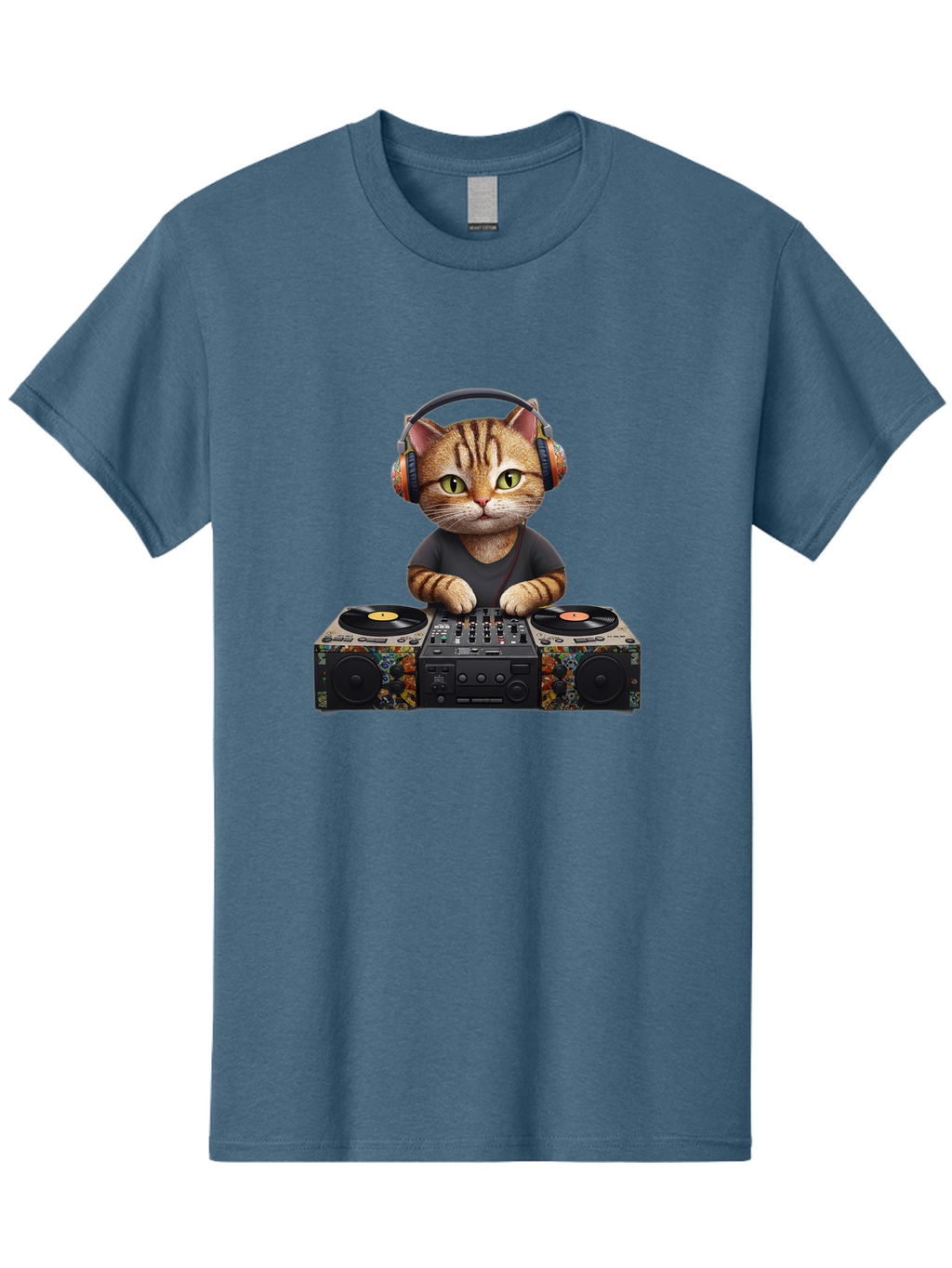 Dj-Cat-1 Men'S Graphic Tee, 100% Cotton, Comfortable Casual Summer Wear, Machine Washable, Cat Wearing Headphones, Dj Equipment, Turntables, Mixer, Music Production, Electronic Dance Music, Feline Dj, Vinyl Records, Music Mixing, Bad035