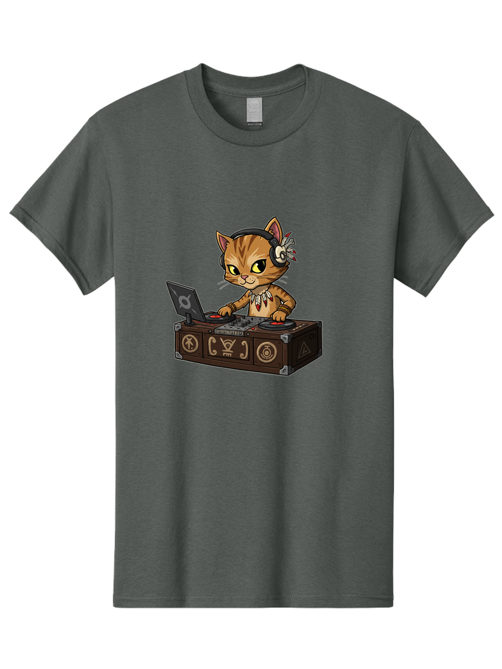 Dj-Cat-2 Men'S Graphic Tee, 100% Cotton, Comfortable Casual Summer Wear, Machine Washable, Cartoon Cat Dj, Mixing Music, Laptop And Turntables, Beat Maker, Electronic Dance Music, Dj Equipment, Feline Dj, Music Producer, Turntable Controls, Bad036