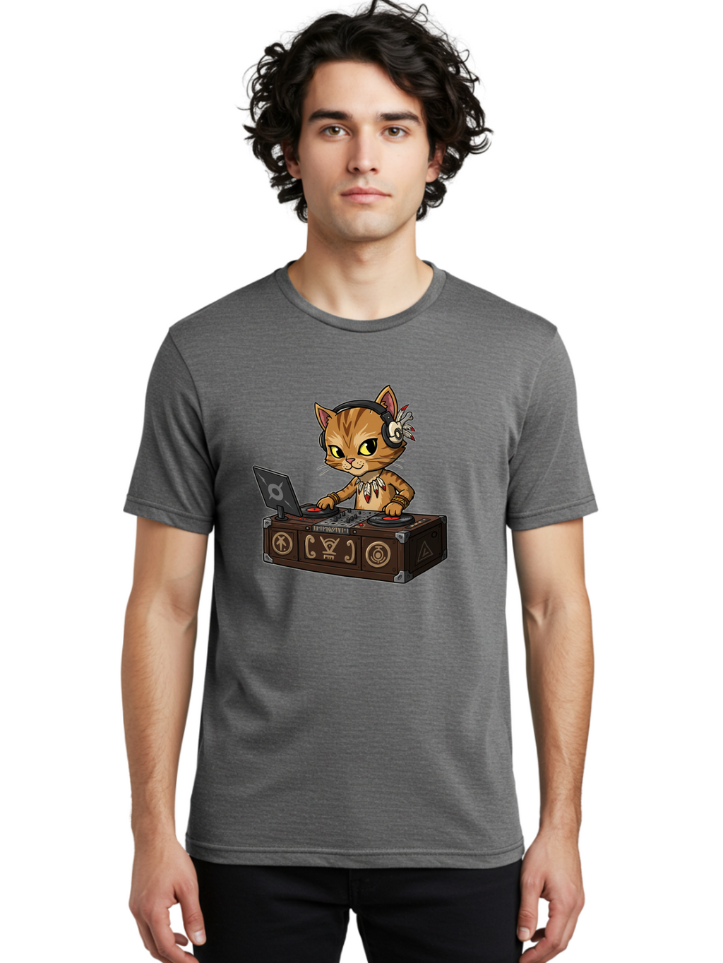 Dj-Cat-2 Men'S Graphic Tee, 100% Cotton, Comfortable Casual Summer Wear, Machine Washable, Cartoon Cat Dj, Mixing Music, Laptop And Turntables, Beat Maker, Electronic Dance Music, Dj Equipment, Feline Dj, Music Producer, Turntable Controls, Bad036