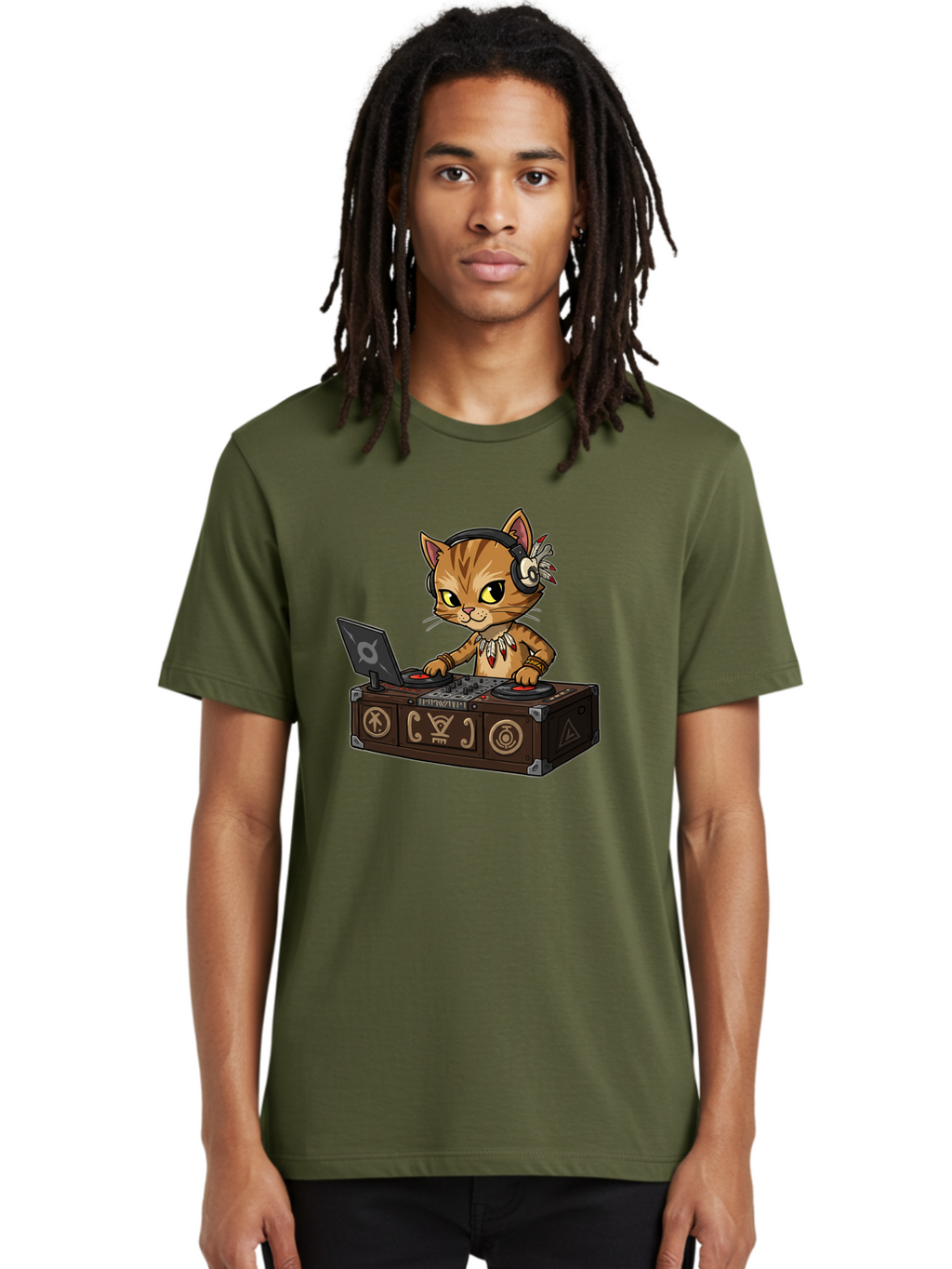 Dj-Cat-2 Men'S Graphic Tee, 100% Cotton, Comfortable Casual Summer Wear, Machine Washable, Cartoon Cat Dj, Mixing Music, Laptop And Turntables, Beat Maker, Electronic Dance Music, Dj Equipment, Feline Dj, Music Producer, Turntable Controls, Bad036