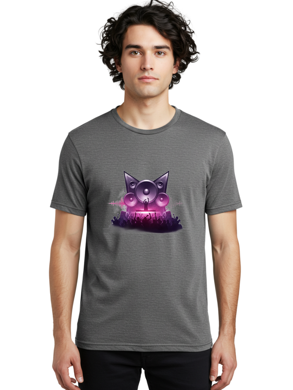 Dj-Cat-Speakers Men'S Graphic Tee, 100% Cotton, Comfortable Casual Summer Wear, Machine Washable, Dj On Stage, Cat Shaped Speakers, Concert Crowd, Music Festival, Electronic Dance Music, Lively Atmosphere, Vibrant Lights, Sound Waves Bad037
