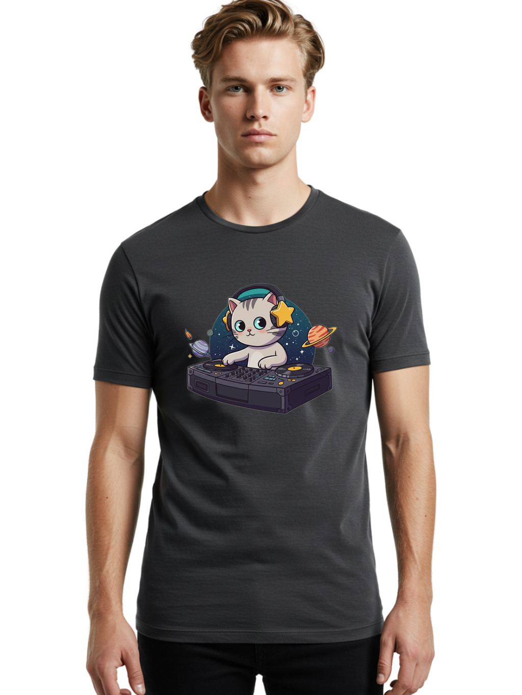 Dj-Cat Men'S Graphic Tee, 100% Cotton, Comfortable Casual Summer Wear, Machine Washable, Cat Djing, Dj Controller, Headphones, Cartoon Cat, Galaxy Background, Stars, Planets, Music, Djing, Electronic Dance Music Bad038