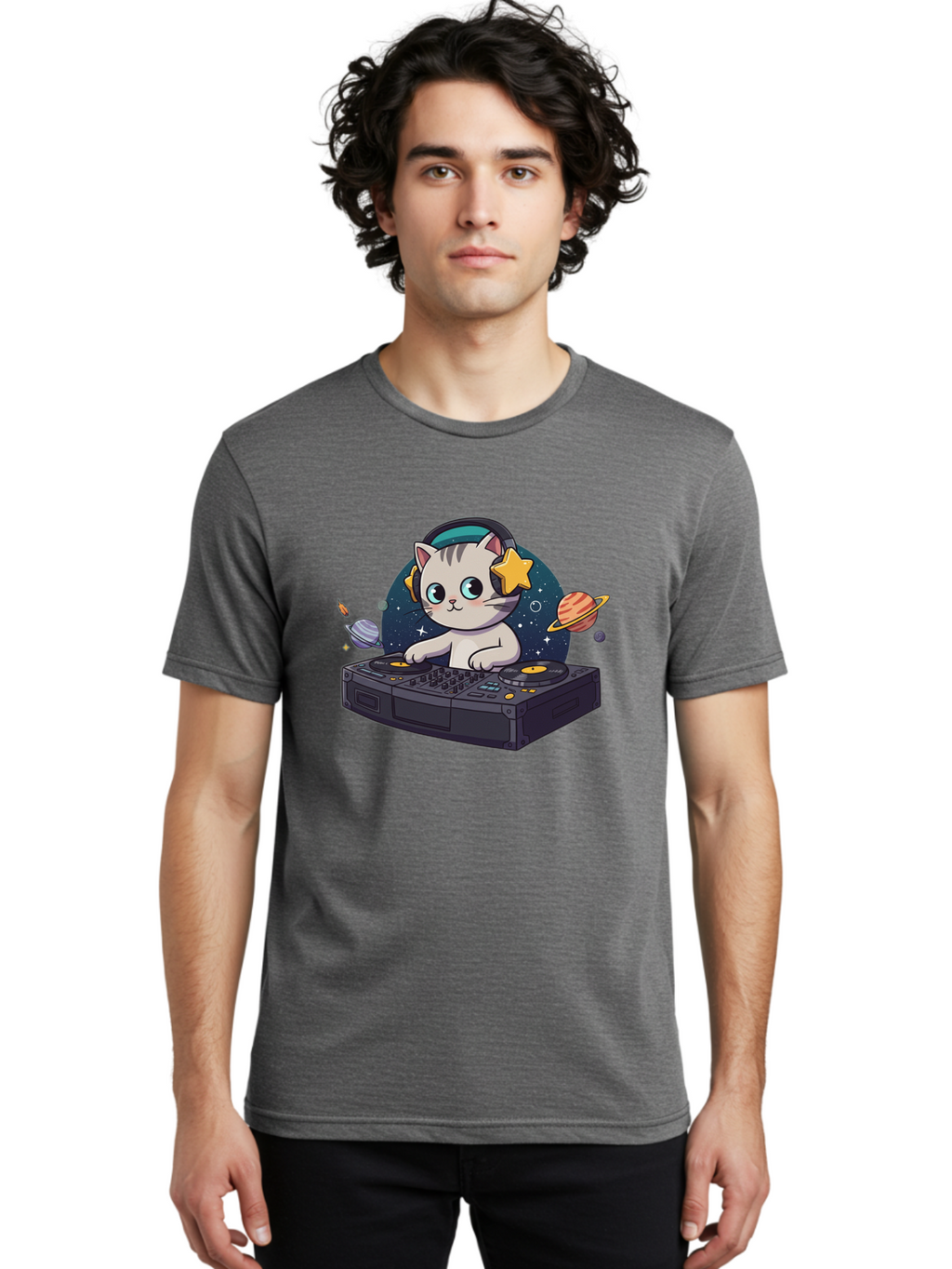 Dj-Cat Men'S Graphic Tee, 100% Cotton, Comfortable Casual Summer Wear, Machine Washable, Cat Djing, Dj Controller, Headphones, Cartoon Cat, Galaxy Background, Stars, Planets, Music, Djing, Electronic Dance Music Bad038
