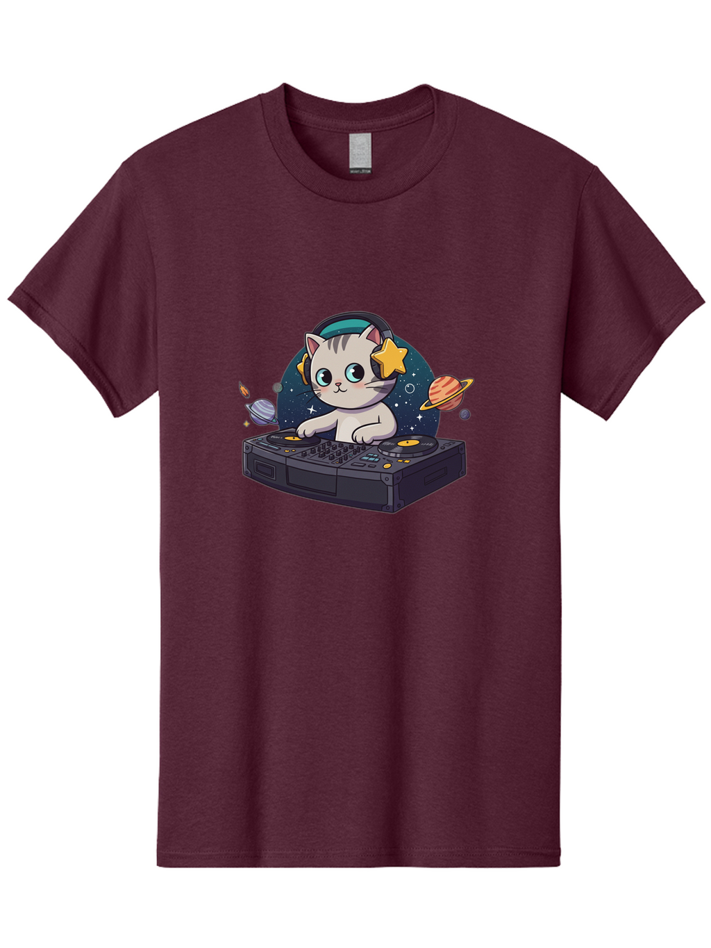 Dj-Cat Men'S Graphic Tee, 100% Cotton, Comfortable Casual Summer Wear, Machine Washable, Cat Djing, Dj Controller, Headphones, Cartoon Cat, Galaxy Background, Stars, Planets, Music, Djing, Electronic Dance Music Bad038