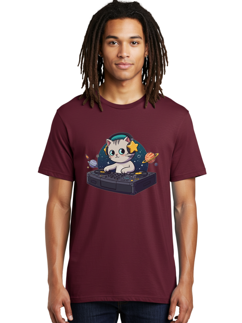 Dj-Cat Men'S Graphic Tee, 100% Cotton, Comfortable Casual Summer Wear, Machine Washable, Cat Djing, Dj Controller, Headphones, Cartoon Cat, Galaxy Background, Stars, Planets, Music, Djing, Electronic Dance Music Bad038