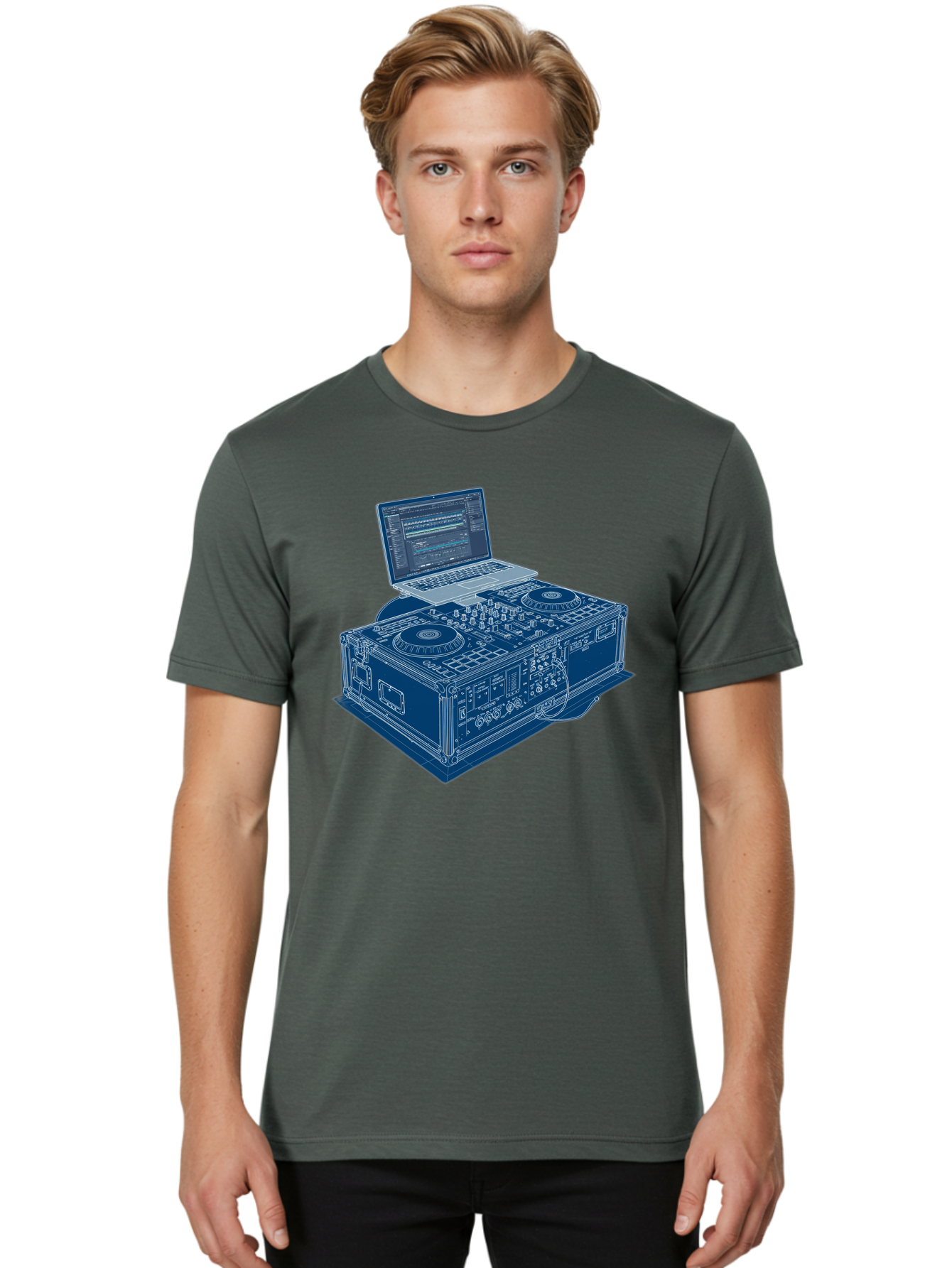 Dj-Controller-And-Laptop Men'S Graphic Tee, 100% Cotton, Comfortable Casual Summer Wear, Machine Washable, Dj Setup, Dj Software, Electronic Dance Music, Turntables, Mixing Console, Sound Equipment, Music Production, Audio Interface, Bad040