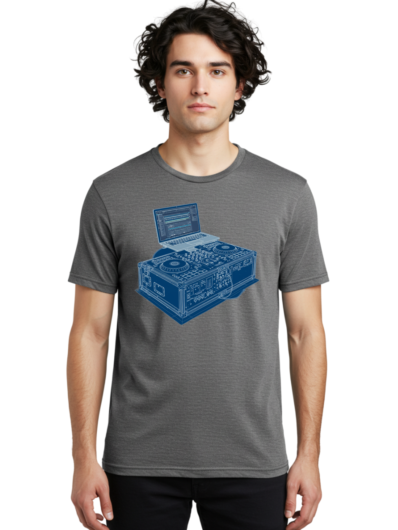 Dj-Controller-And-Laptop Men'S Graphic Tee, 100% Cotton, Comfortable Casual Summer Wear, Machine Washable, Dj Setup, Dj Software, Electronic Dance Music, Turntables, Mixing Console, Sound Equipment, Music Production, Audio Interface, Bad040