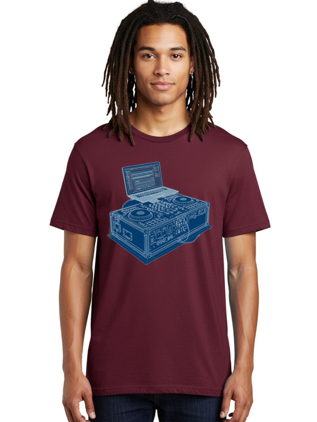 Dj-Controller-And-Laptop Men'S Graphic Tee, 100% Cotton, Comfortable Casual Summer Wear, Machine Washable, Dj Setup, Dj Software, Electronic Dance Music, Turntables, Mixing Console, Sound Equipment, Music Production, Audio Interface, Bad040