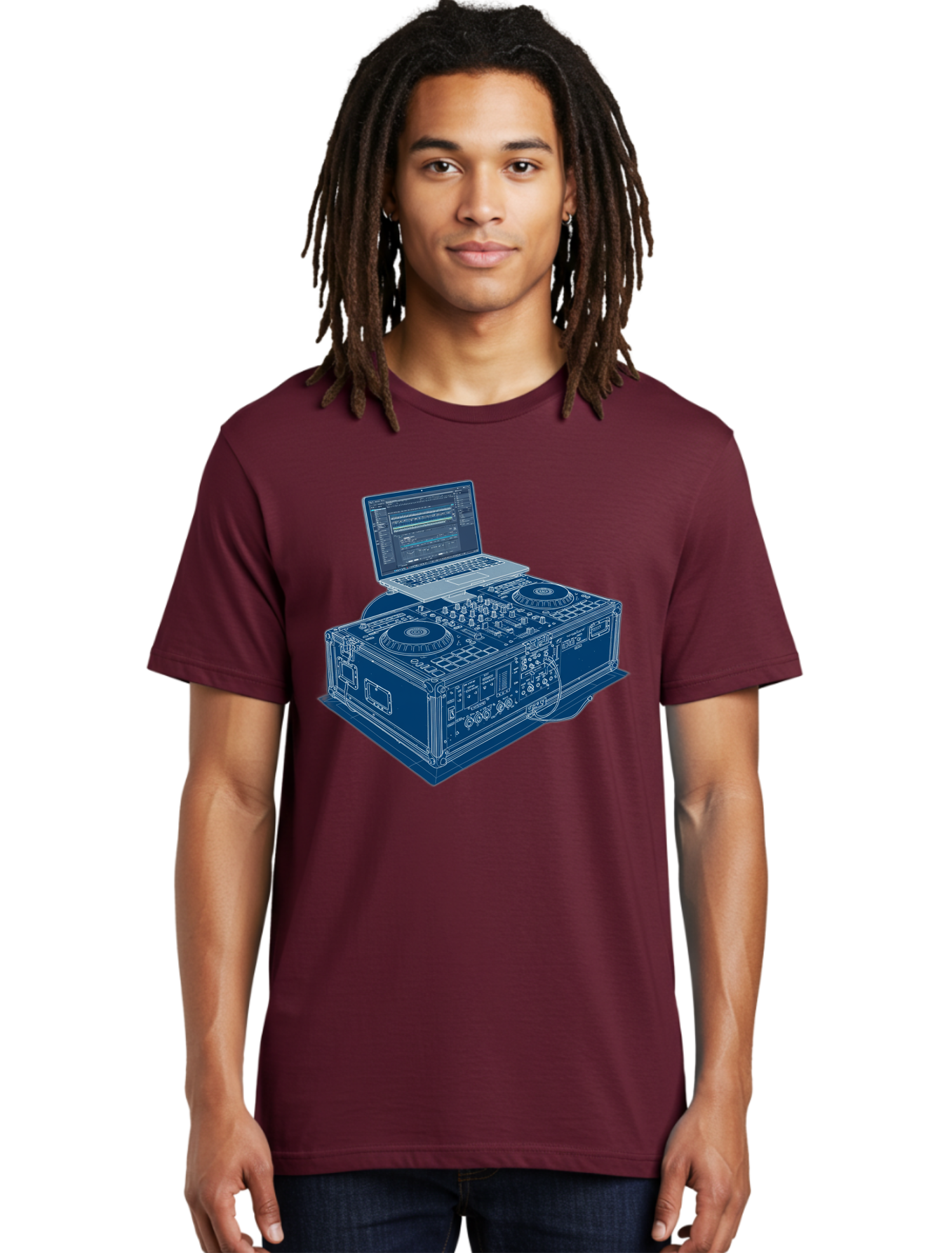 Dj-Controller-And-Laptop Men'S Graphic Tee, 100% Cotton, Comfortable Casual Summer Wear, Machine Washable, Dj Setup, Dj Software, Electronic Dance Music, Turntables, Mixing Console, Sound Equipment, Music Production, Audio Interface, Bad040