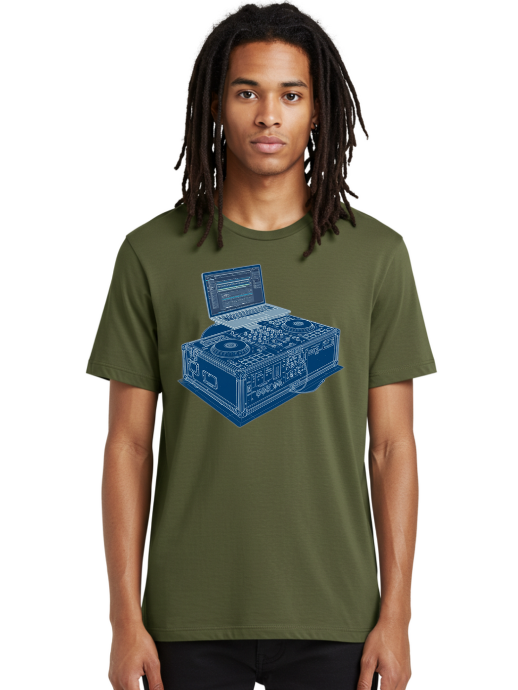 Dj-Controller-And-Laptop Men'S Graphic Tee, 100% Cotton, Comfortable Casual Summer Wear, Machine Washable, Dj Setup, Dj Software, Electronic Dance Music, Turntables, Mixing Console, Sound Equipment, Music Production, Audio Interface, Bad040