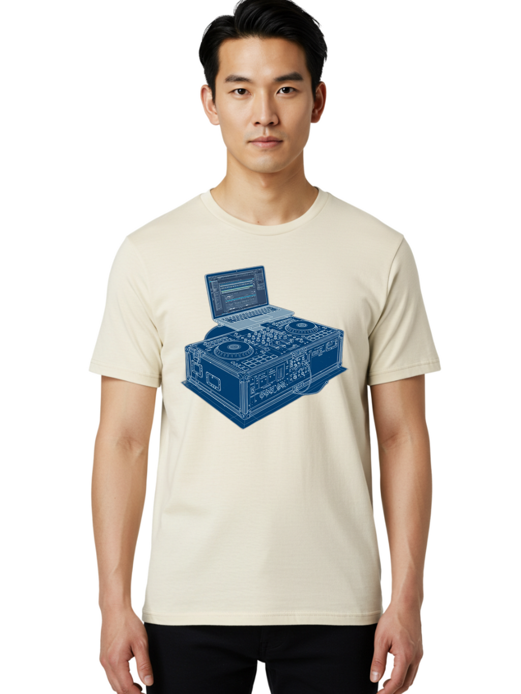 Dj-Controller-And-Laptop Men'S Graphic Tee, 100% Cotton, Comfortable Casual Summer Wear, Machine Washable, Dj Setup, Dj Software, Electronic Dance Music, Turntables, Mixing Console, Sound Equipment, Music Production, Audio Interface, Bad040