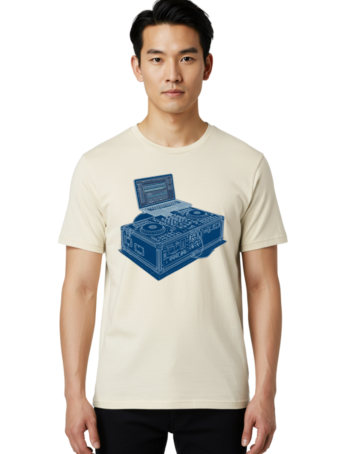 Dj-Controller-And-Laptop Men'S Graphic Tee, 100% Cotton, Comfortable Casual Summer Wear, Machine Washable, Dj Setup, Dj Software, Electronic Dance Music, Turntables, Mixing Console, Sound Equipment, Music Production, Audio Interface, Bad040