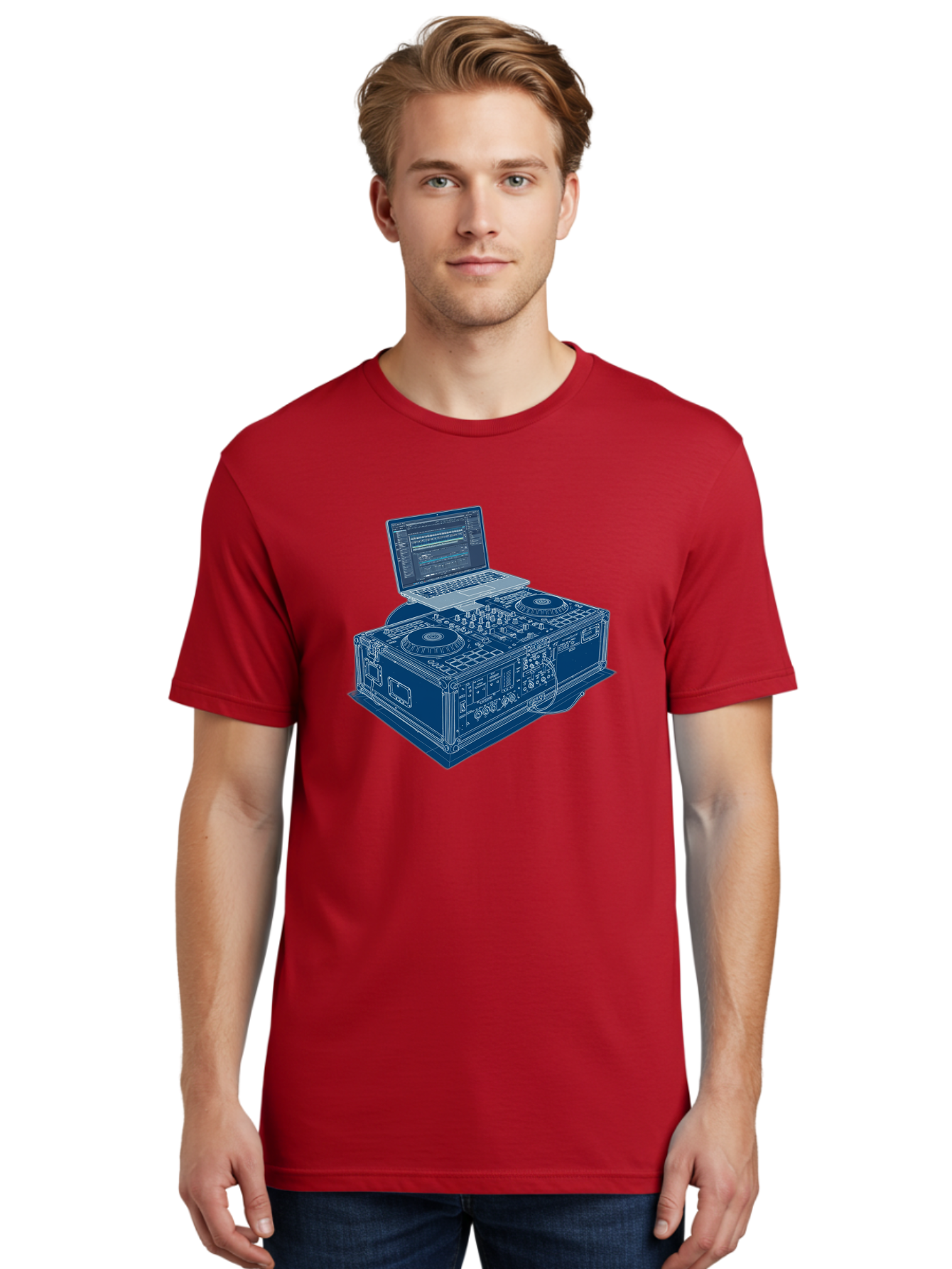 Dj-Controller-And-Laptop Men'S Graphic Tee, 100% Cotton, Comfortable Casual Summer Wear, Machine Washable, Dj Setup, Dj Software, Electronic Dance Music, Turntables, Mixing Console, Sound Equipment, Music Production, Audio Interface, Bad040