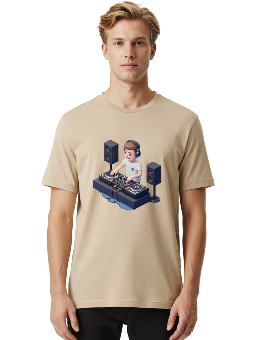 Dj-Controller Men'S Graphic Tee, 100% Cotton, Comfortable Casual Summer Wear, Machine Washable, Cartoon Dj, Dj Controller, Sound Equipment, Music Production, Electronic Dance Music, Dj Setup, Headphones, Speakers, Turntables Bad041