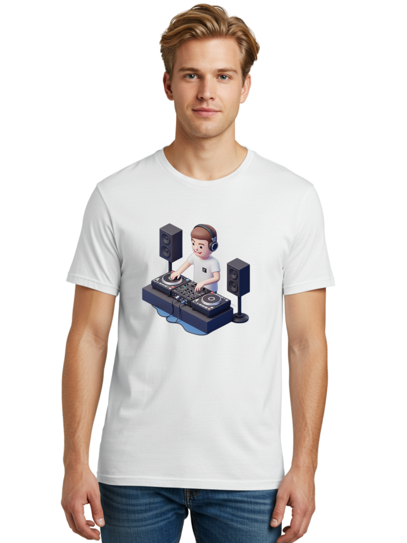 Dj-Controller Men'S Graphic Tee, 100% Cotton, Comfortable Casual Summer Wear, Machine Washable, Cartoon Dj, Dj Controller, Sound Equipment, Music Production, Electronic Dance Music, Dj Setup, Headphones, Speakers, Turntables Bad041