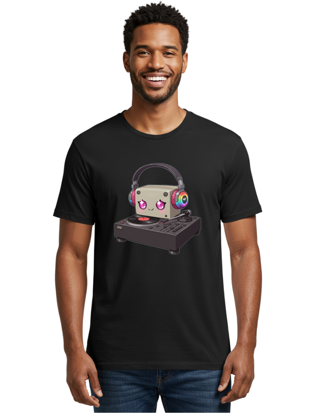 Dj-Mixer Men'S Graphic Tee, 100% Cotton, Comfortable Casual Summer Wear, Machine Washable, Cartoon Boombox, Dj Equipment, Vinyl Record, Music Headphones, Colorful Accents, Kawaii Style, Music Production, Electronic Dance Music, Dj Culture Bad042