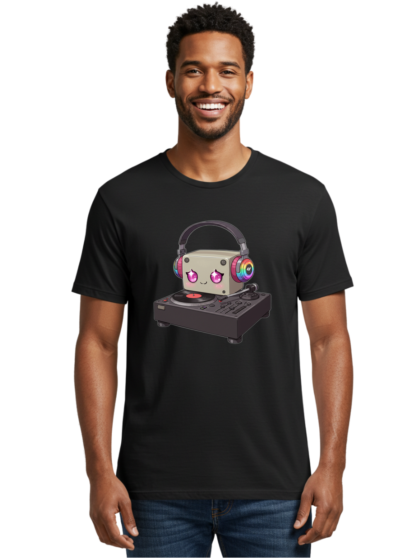 Dj-Mixer Men'S Graphic Tee, 100% Cotton, Comfortable Casual Summer Wear, Machine Washable, Cartoon Boombox, Dj Equipment, Vinyl Record, Music Headphones, Colorful Accents, Kawaii Style, Music Production, Electronic Dance Music, Dj Culture Bad042