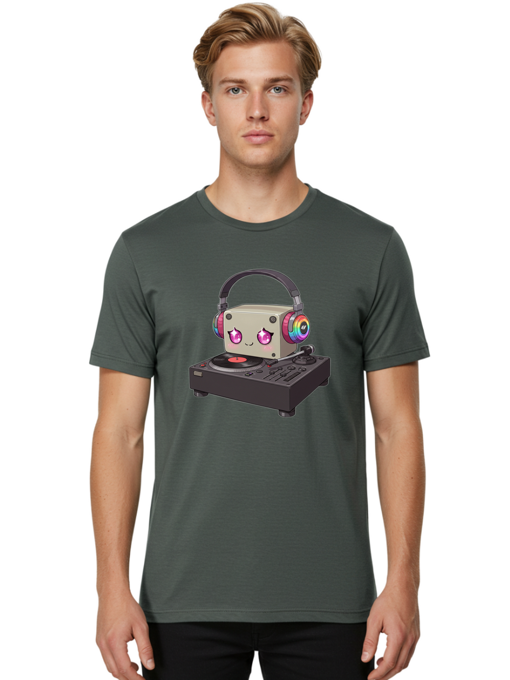 Dj-Mixer Men'S Graphic Tee, 100% Cotton, Comfortable Casual Summer Wear, Machine Washable, Cartoon Boombox, Dj Equipment, Vinyl Record, Music Headphones, Colorful Accents, Kawaii Style, Music Production, Electronic Dance Music, Dj Culture Bad042