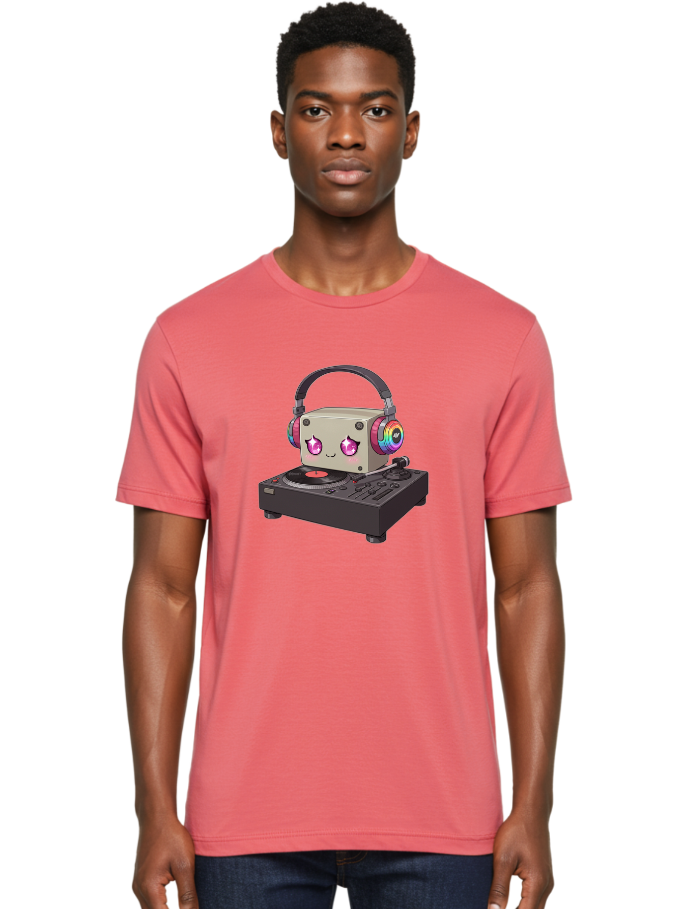 Dj-Mixer Men'S Graphic Tee, 100% Cotton, Comfortable Casual Summer Wear, Machine Washable, Cartoon Boombox, Dj Equipment, Vinyl Record, Music Headphones, Colorful Accents, Kawaii Style, Music Production, Electronic Dance Music, Dj Culture Bad042