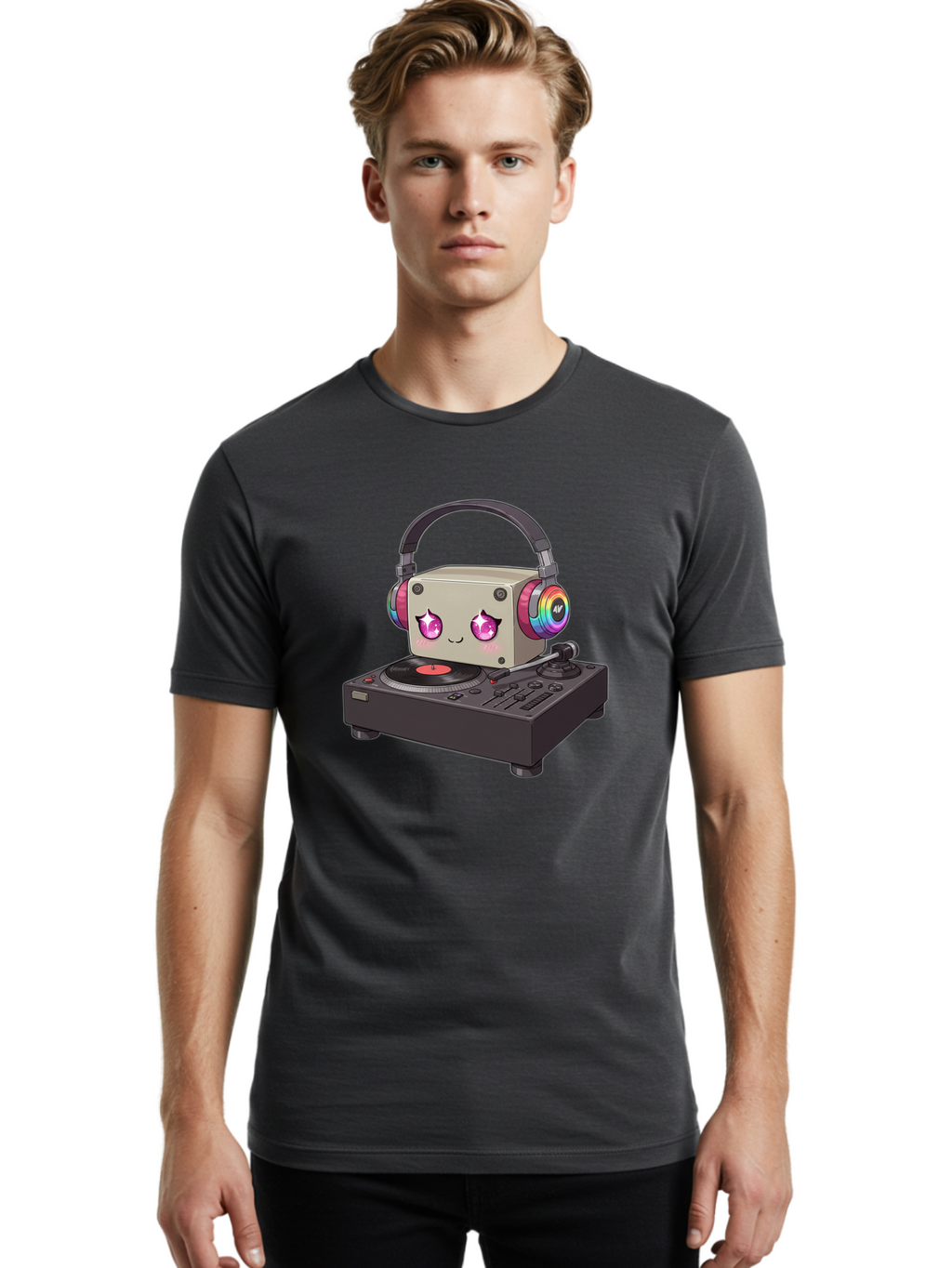 Dj-Mixer Men'S Graphic Tee, 100% Cotton, Comfortable Casual Summer Wear, Machine Washable, Cartoon Boombox, Dj Equipment, Vinyl Record, Music Headphones, Colorful Accents, Kawaii Style, Music Production, Electronic Dance Music, Dj Culture Bad042