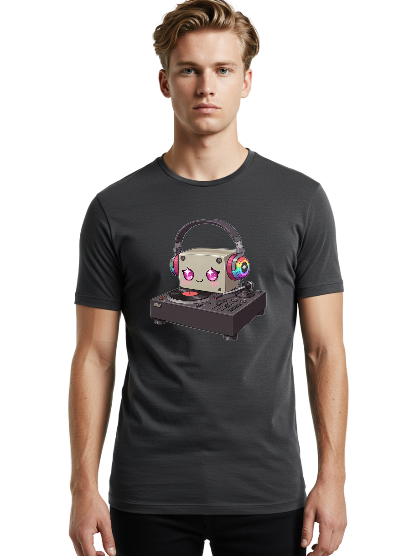 Dj-Mixer Men'S Graphic Tee, 100% Cotton, Comfortable Casual Summer Wear, Machine Washable, Cartoon Boombox, Dj Equipment, Vinyl Record, Music Headphones, Colorful Accents, Kawaii Style, Music Production, Electronic Dance Music, Dj Culture Bad042