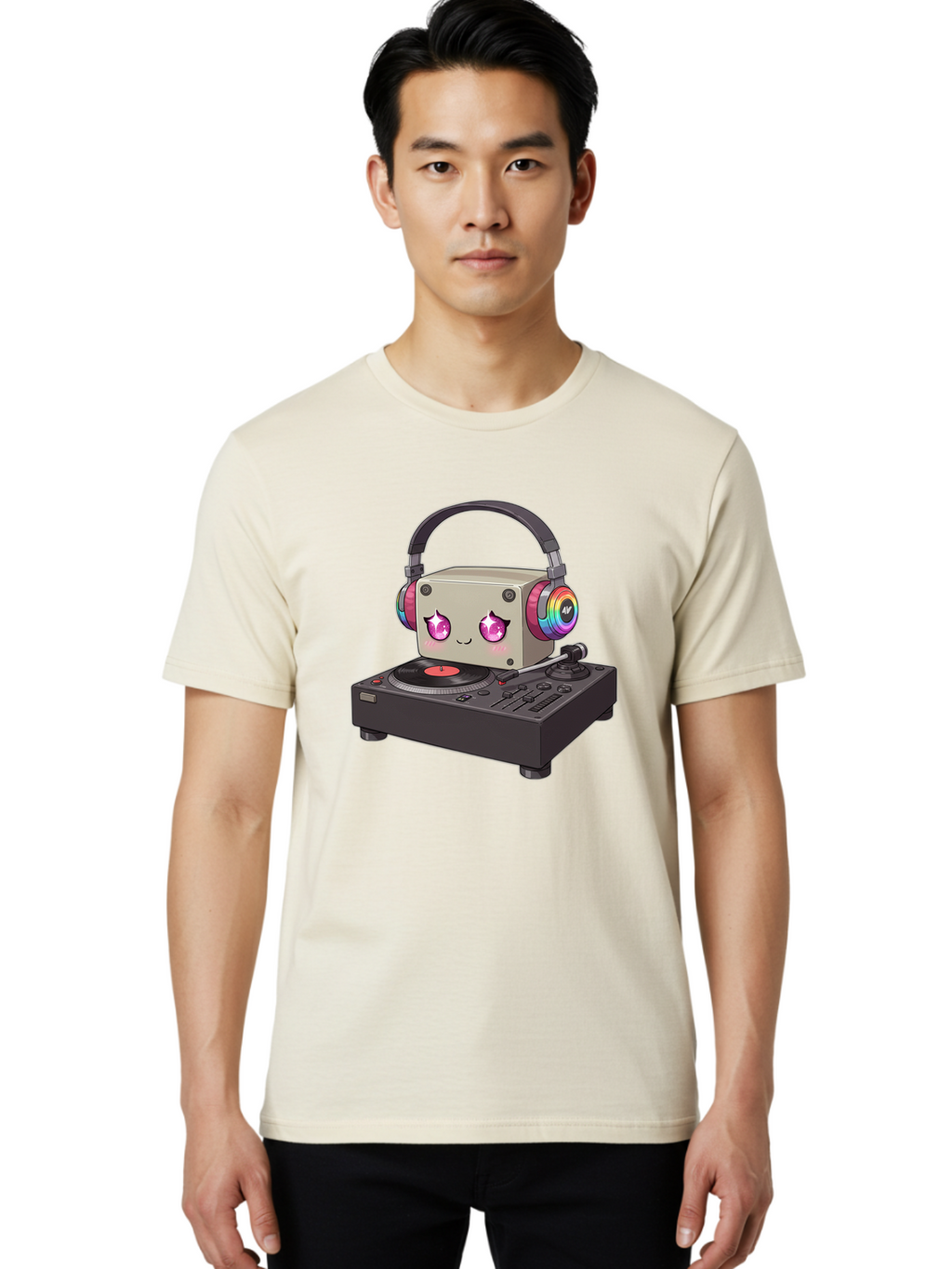 Dj-Mixer Men'S Graphic Tee, 100% Cotton, Comfortable Casual Summer Wear, Machine Washable, Cartoon Boombox, Dj Equipment, Vinyl Record, Music Headphones, Colorful Accents, Kawaii Style, Music Production, Electronic Dance Music, Dj Culture Bad042