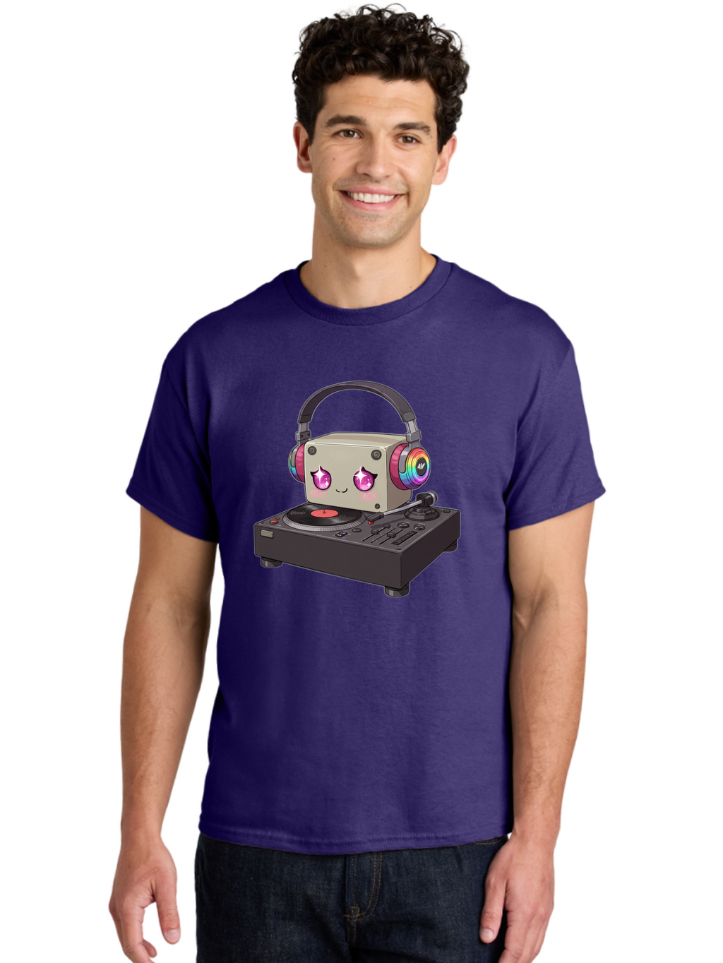 Dj-Mixer Men'S Graphic Tee, 100% Cotton, Comfortable Casual Summer Wear, Machine Washable, Cartoon Boombox, Dj Equipment, Vinyl Record, Music Headphones, Colorful Accents, Kawaii Style, Music Production, Electronic Dance Music, Dj Culture Bad042